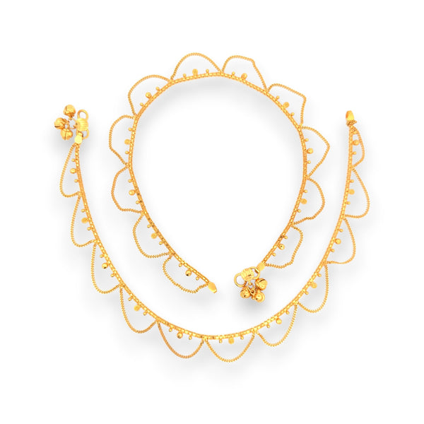 Regal Jewels RJLP3024 22k yellow gold ladies payal anklet pair with scalloped loop design and tiny hanging beads, traditional handcrafted ethnic gold anklets for women, perfect for Indian bridal wear, festive occasions, and cultural celebrations – Regal Jewels Chicago
