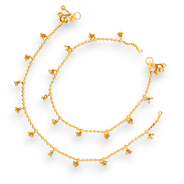 Regal Jewels RJLP3028 22k yellow gold ladies payal anklet pair with dangling beaded charm drops, elegant handcrafted gold anklets for women, traditional ethnic Indian jewelry design, bridal festive gold payal with ghungroo-style detailing, lightweight daily wear gold anklet – Regal Jewels Chicago
