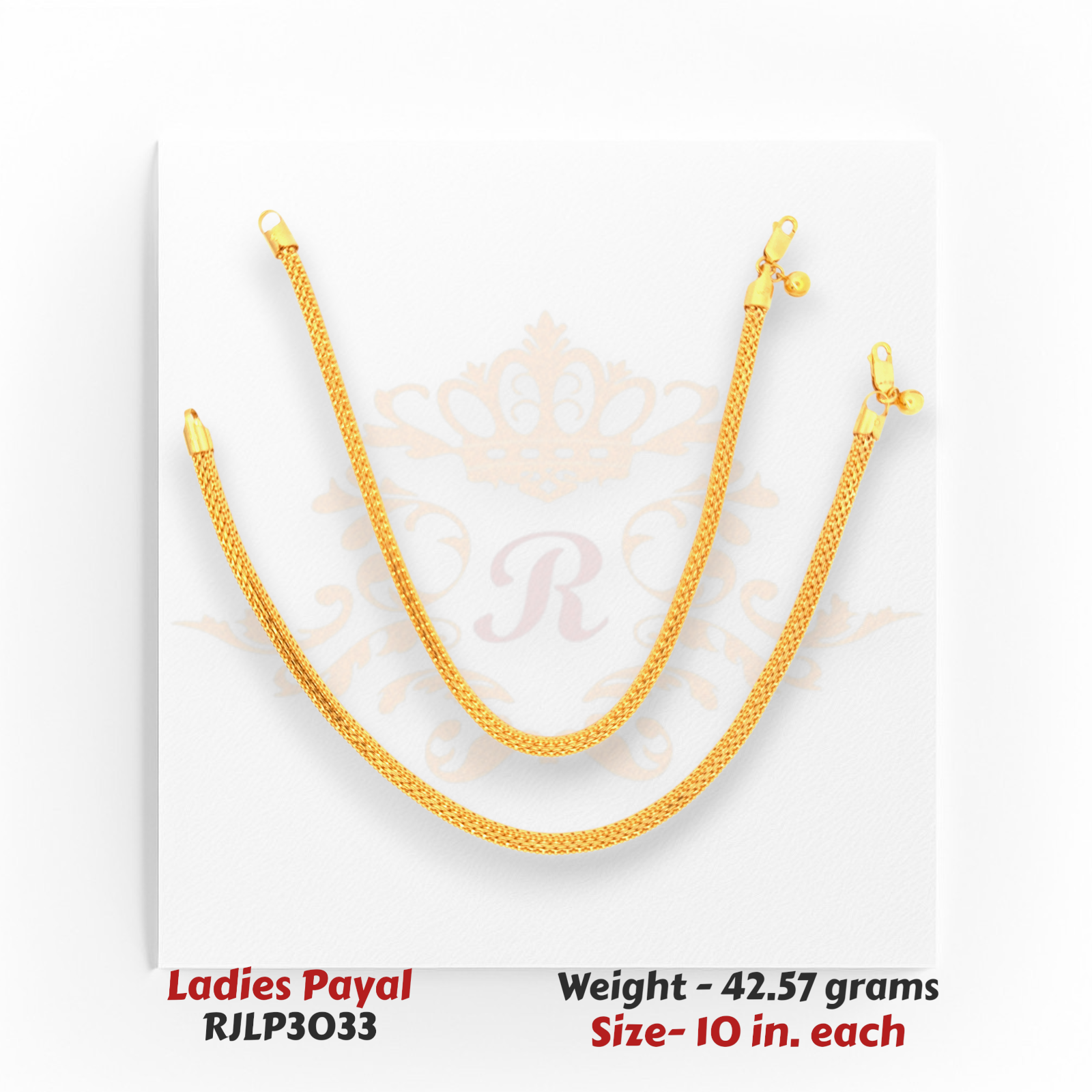 22kt Gold Ladies Payal RJLP3033 – heavy mesh texture anklet, 42.57 grams, 10 inches – durable classic gold payal design from Regal Jewels Chicago.