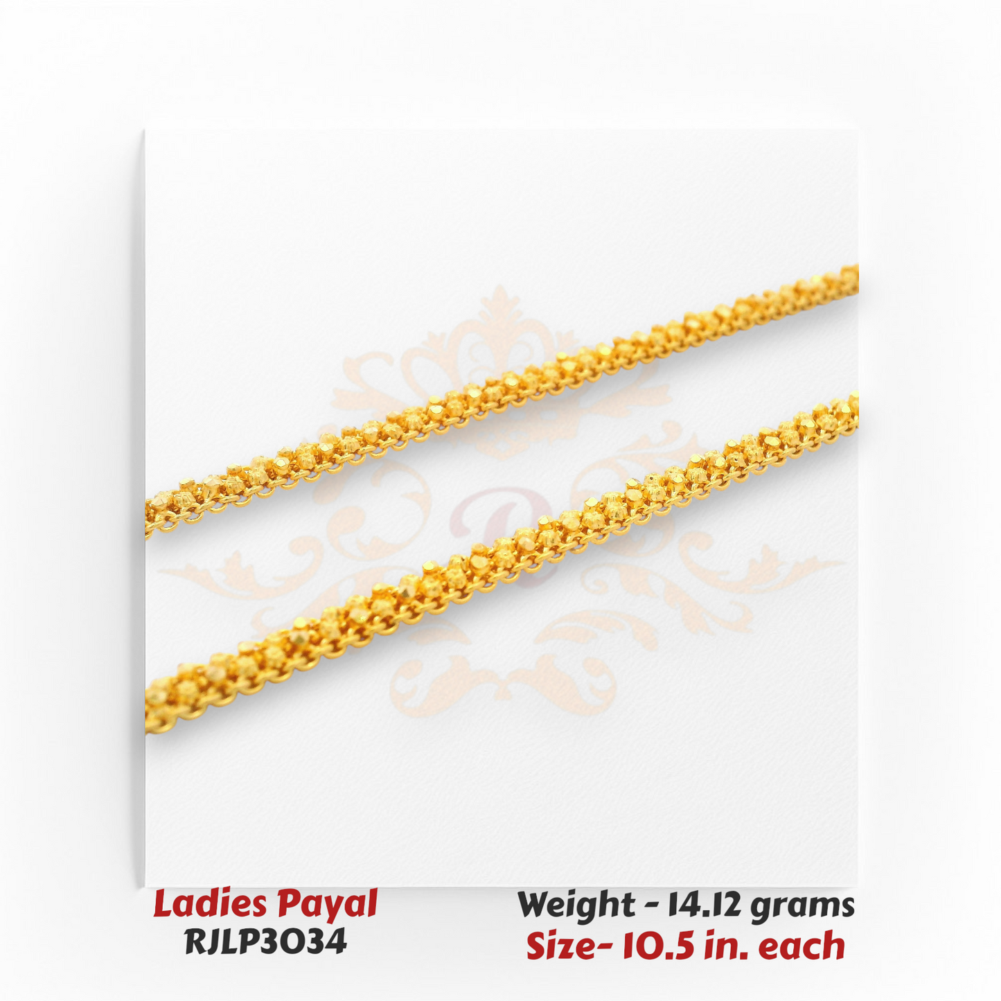 22kt Gold Ladies Payal RJLP3034 – fine lightweight chain anklet, 14.12 grams, 10.5 inches – minimal gold payal design by Regal Jewels Chicago.