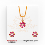 22kt gold floral pendant set with bright pink teardrop stones and central white stone, paired with matching earrings. Product code RJPS0142, total weight 6.30 grams.