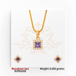 22kt gold pendant set featuring a square purple gemstone surrounded by sparkling white stones, with matching earrings. Product code RJPS0155, total weight 4.00 grams.