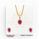 22kt gold pendant set featuring teardrop-shaped red stones surrounded by white stones, with matching earrings. Product code RJPS0158, total weight 4.10 grams.