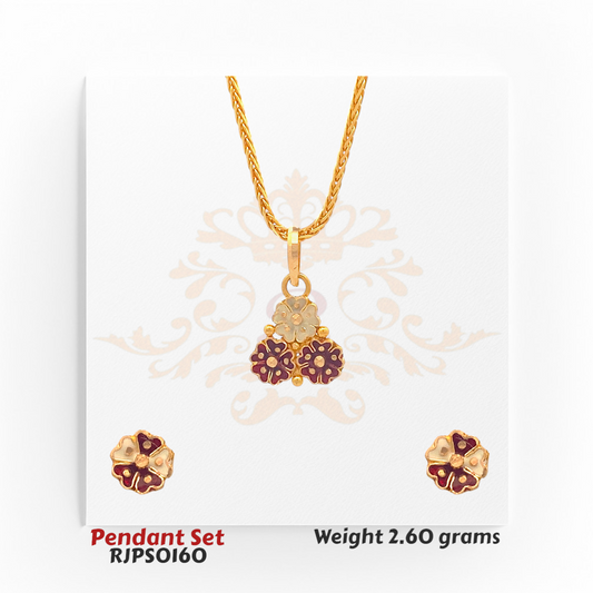 22kt gold pendant set with a trio of floral motifs in red and ivory enamel, with matching stud earrings. Product code RJPS0160, total weight 2.60 grams.