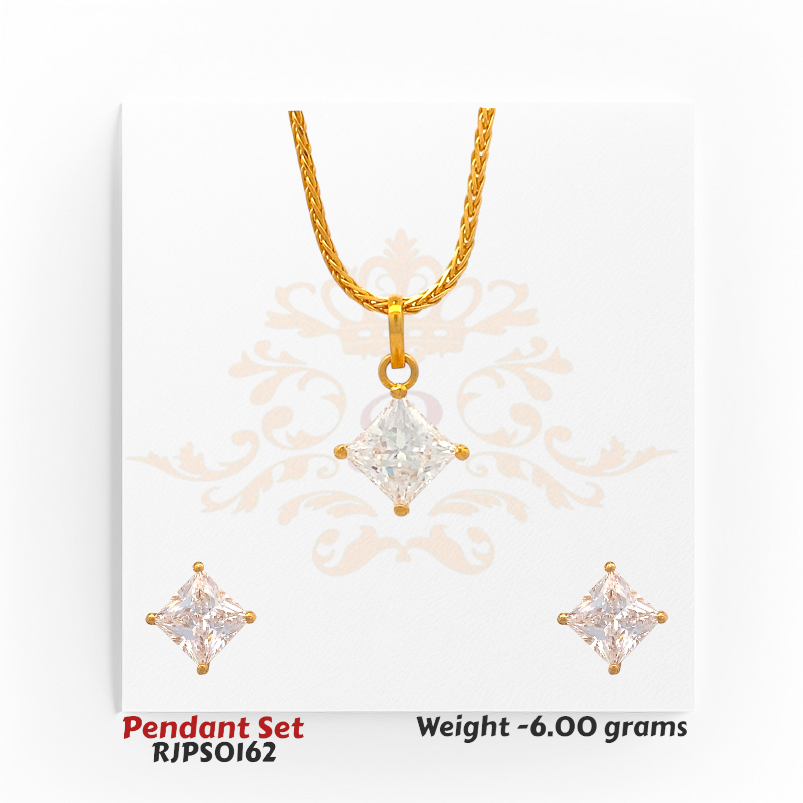22kt gold pendant set with a large square-cut solitaire and matching earrings. Product code RJPS0162, total weight 6.00 grams.