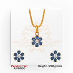 22kt gold pendant set with deep blue petal-shaped stones and a central white stone, including matching earrings. Product code RJPS0170, total weight 5.90 grams.