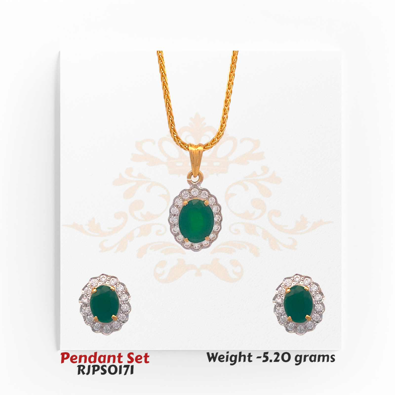 22kt gold pendant set featuring an oval green gemstone surrounded by shimmering white stones, with matching earrings. Product code RJPS0171, total weight 5.20 grams.