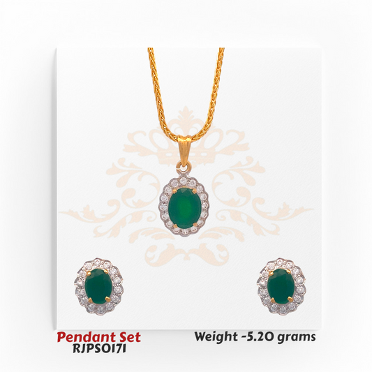22kt gold pendant set featuring an oval green gemstone surrounded by shimmering white stones, with matching earrings. Product code RJPS0171, total weight 5.20 grams.