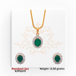 22kt gold pendant set featuring an oval green gemstone surrounded by shimmering white stones, with matching earrings. Product code RJPS0171, total weight 5.20 grams.