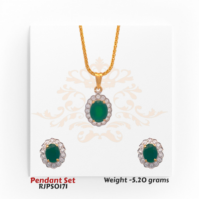 22kt gold pendant set featuring an oval green gemstone surrounded by shimmering white stones, with matching earrings. Product code RJPS0171, total weight 5.20 grams.