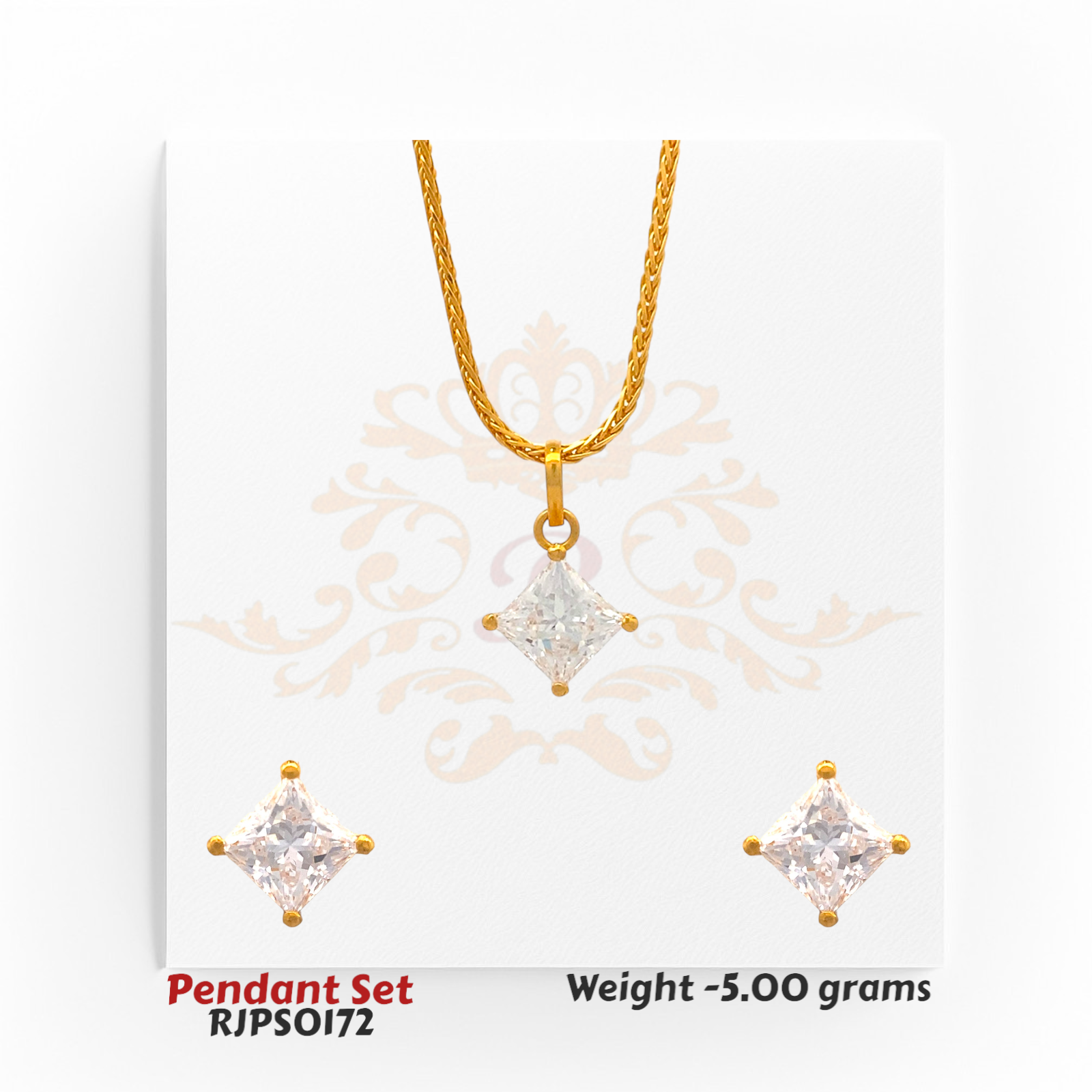 22kt gold pendant set featuring a square-cut solitaire design with matching earrings. Product code RJPS0172, total weight 5.00 grams.