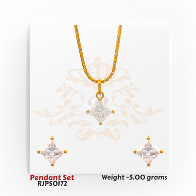 22kt gold pendant set featuring a square-cut solitaire design with matching earrings. Product code RJPS0172, total weight 5.00 grams.
