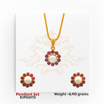 22kt gold floral pendant set with pearl center and red gemstone petals, including matching earrings. Product code RJPS0173, total weight 6.90 grams.