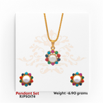 22kt gold pendant set featuring a central pearl surrounded by colorful gemstones, with matching earrings. Product code RJPS0174, total weight 6.90 grams.
