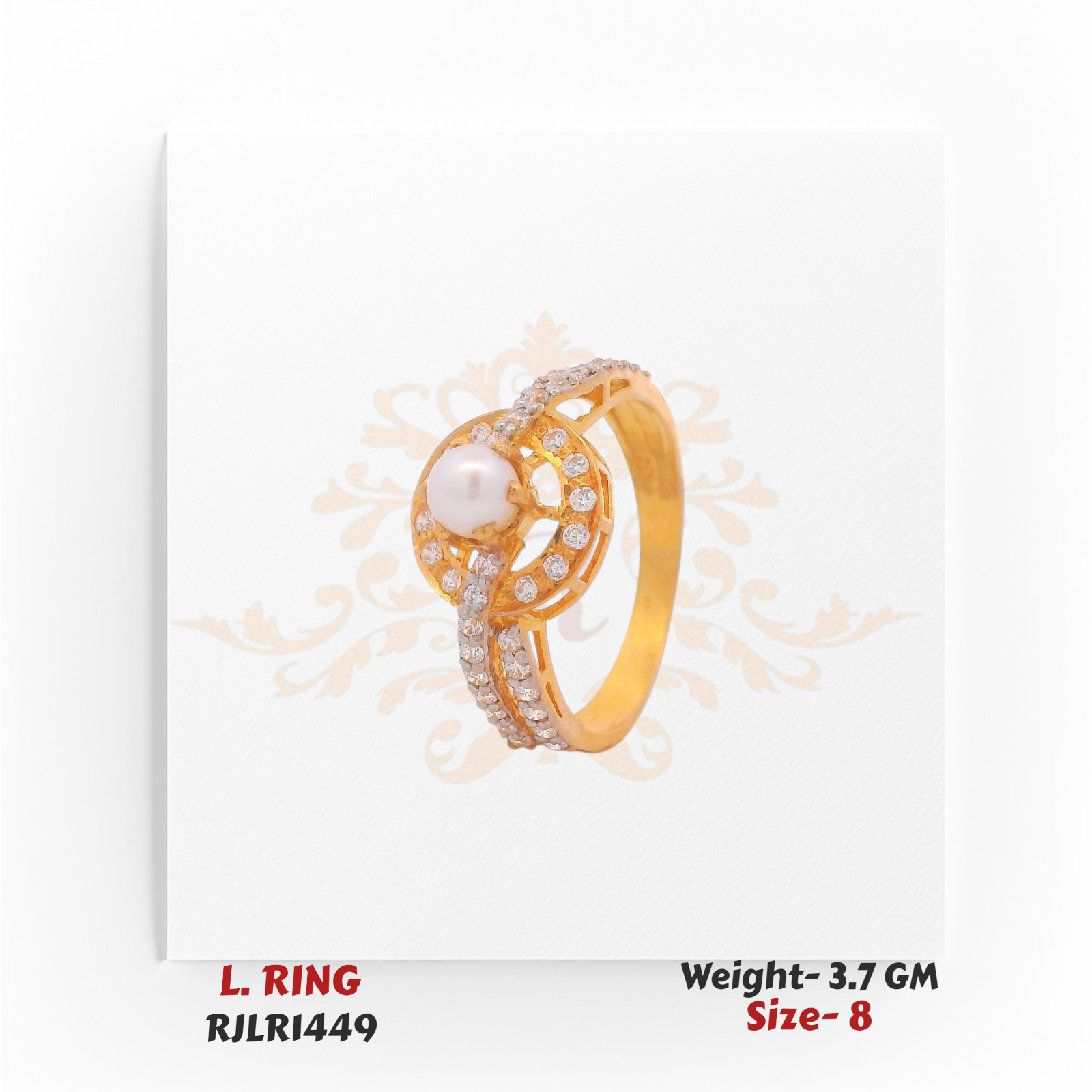 Elegant gold ladies ring with a round pearl centerpiece encircled by sparkling white stones, set on a split band encrusted with diamonds. Model RJLR1449.