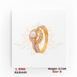 Elegant gold ladies ring with a round pearl centerpiece encircled by sparkling white stones, set on a split band encrusted with diamonds. Model RJLR1449.