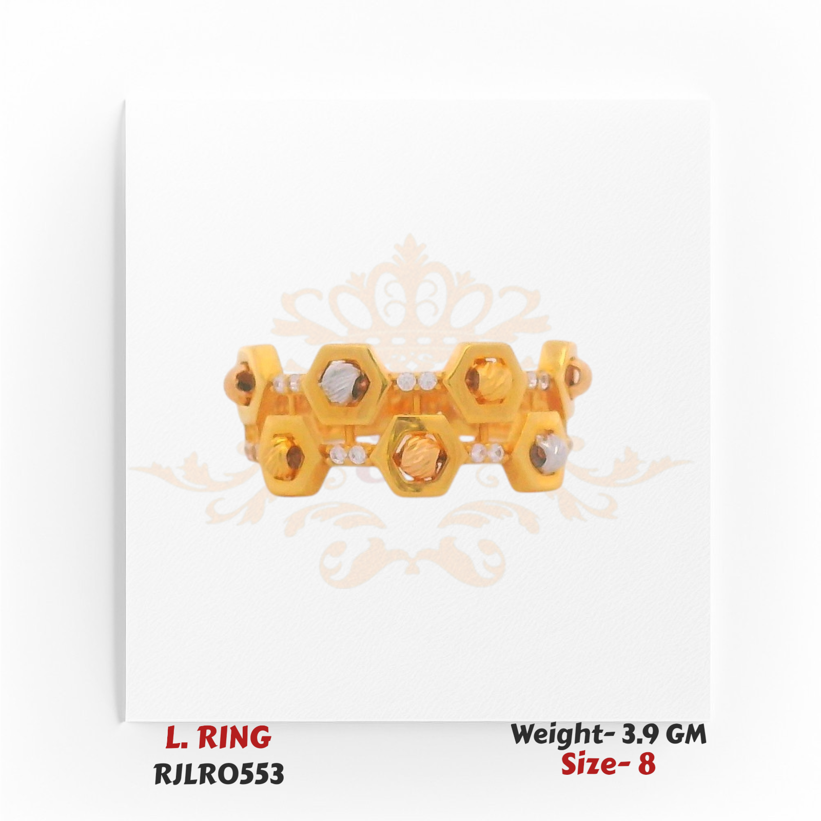 Top-down view of the gold ladies ring showcasing a row of hexagonal motifs with alternating gold tones and sparkling accents. Model RJLR0553.