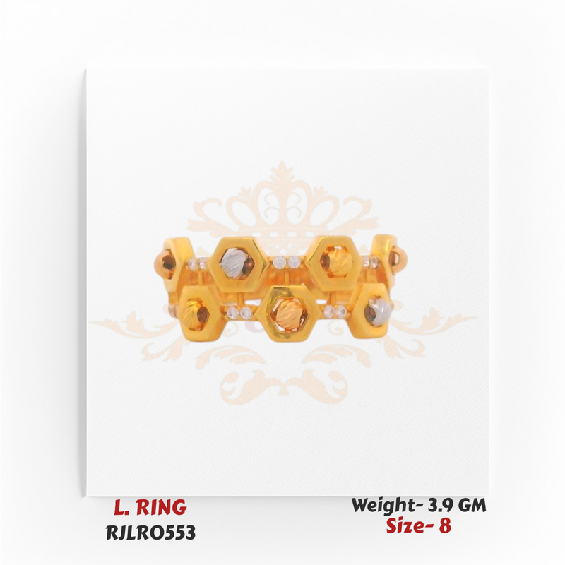 Top-down view of the gold ladies ring showcasing a row of hexagonal motifs with alternating gold tones and sparkling accents. Model RJLR0553.