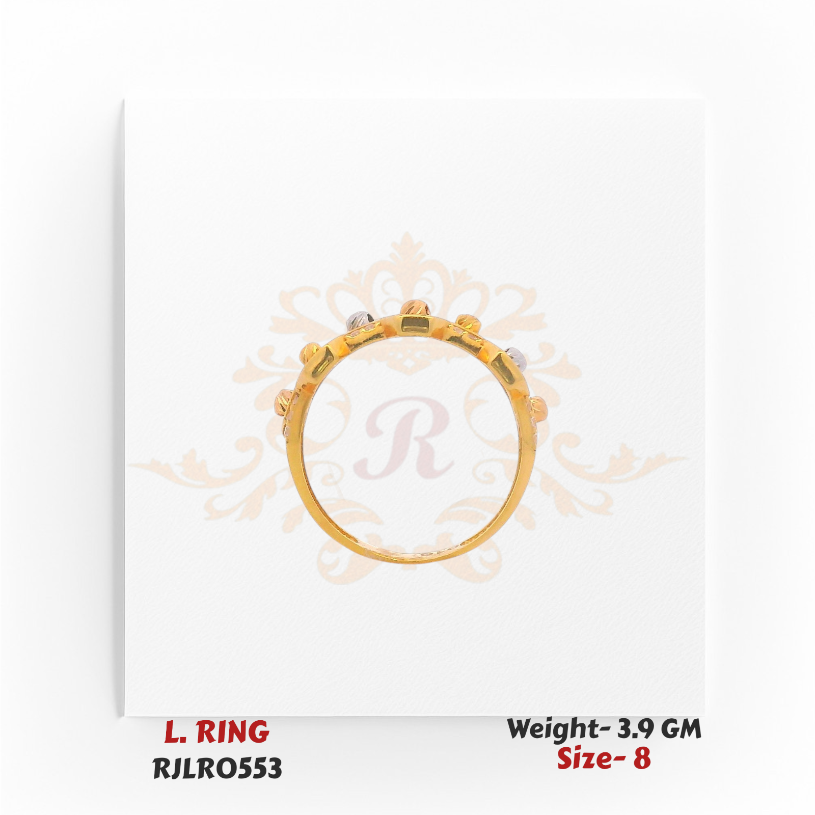 Side profile view of the gold ladies ring highlighting the slim band and raised hexagonal cutwork design. Model RJLR0553.