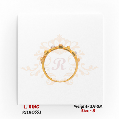 Side profile view of the gold ladies ring highlighting the slim band and raised hexagonal cutwork design. Model RJLR0553.