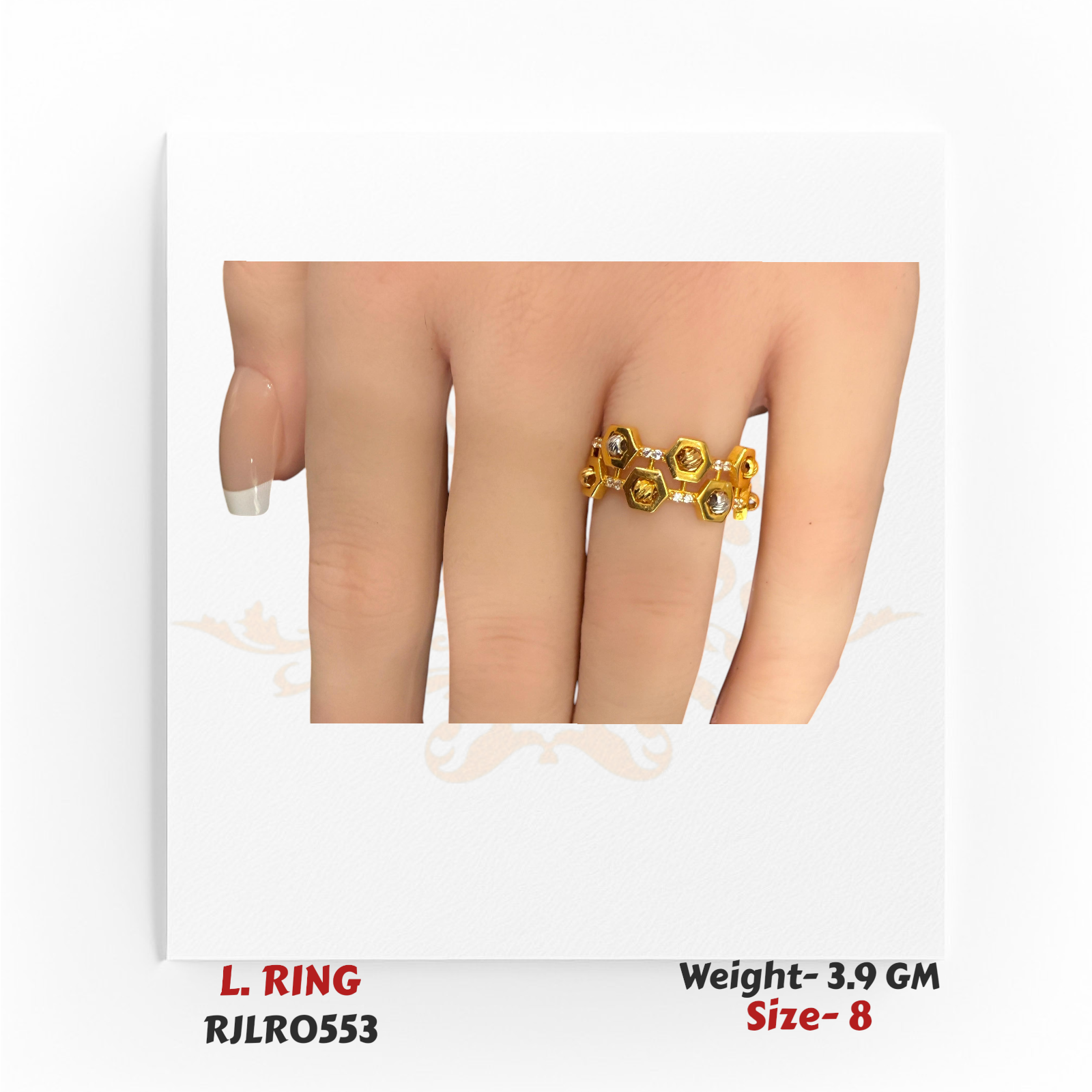 Hand shot of the gold ladies ring worn on the finger, displaying the hexagonal pattern and elegant dual-tone style. Model RJLR0553.