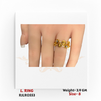 Hand shot of the gold ladies ring worn on the finger, displaying the hexagonal pattern and elegant dual-tone style. Model RJLR0553.