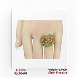 Elegant 22k yellow gold ladies statement ring with a bold circular design, featuring clusters of marquise red stones and round green stones, shown worn on a hand. Model RJLR0693