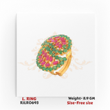 'Statement ladies’ gold ring with a bold round face featuring a floral-inspired design. Accented with marquise-cut pink stones and surrounded by vivid green gemstones. Model RJLR0693, weighing 8.9 grams, free size.