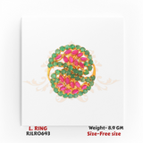 Bold 22k yellow gold ladies statement ring featuring an oval-shaped design with clusters of marquise red stones and round green stones, crafted in an adjustable free-size fit. Model RJLR0693