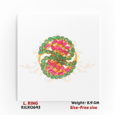 Bold 22k yellow gold ladies statement ring featuring an oval-shaped design with clusters of marquise red stones and round green stones, crafted in an adjustable free-size fit. Model RJLR0693