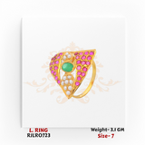 Elegant ladies’ gold ring featuring a triangular shield-shaped design with vibrant pink stones, an oval green gemstone centerpiece, and clusters of white pearls. Model RJLR0723, weighing 3.1 grams, size 7.