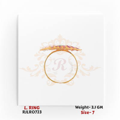 Side profile of a gold ladies’ ring highlighting the elevated triangular shield face with pink stones, pearls, and a green centerpiece. Model RJLR0723, weight 3.1 grams, size 7.