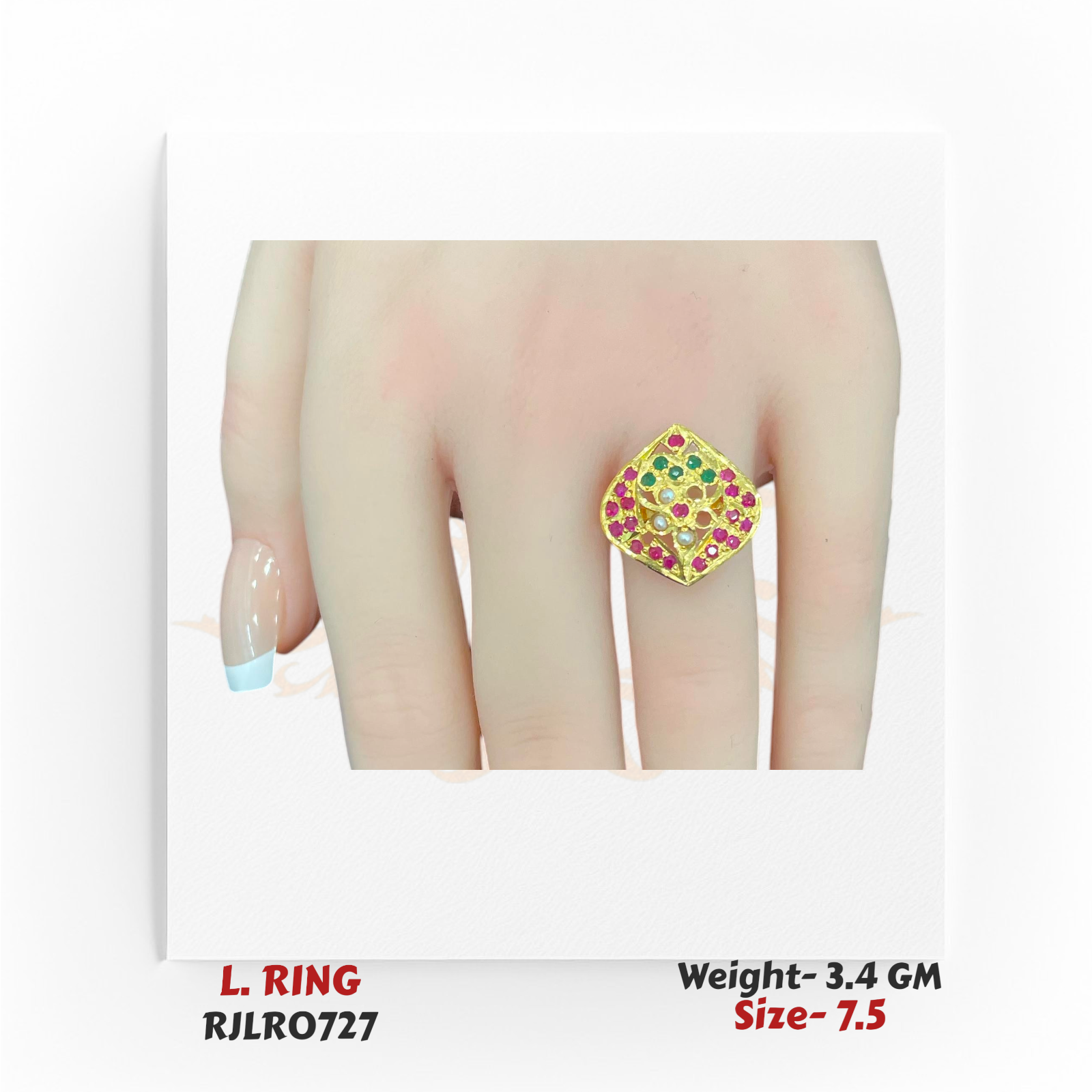 22k yellow gold ladies ring with a square-shaped openwork pattern, set with red stones, green stones, and pearls, displayed on a hand. Model RJLR0727