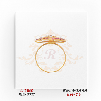 Side profile of a ladies’ gold ring with a raised square face set with colorful gemstones and pearls. Model RJLR0727, weight 3.4 grams, size 7.5.