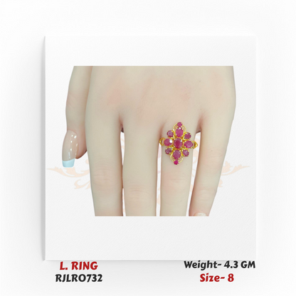 22k yellow gold ladies ring featuring a vibrant cluster of oval and round red stones in a floral design, shown worn on a hand. Model RJLR0732