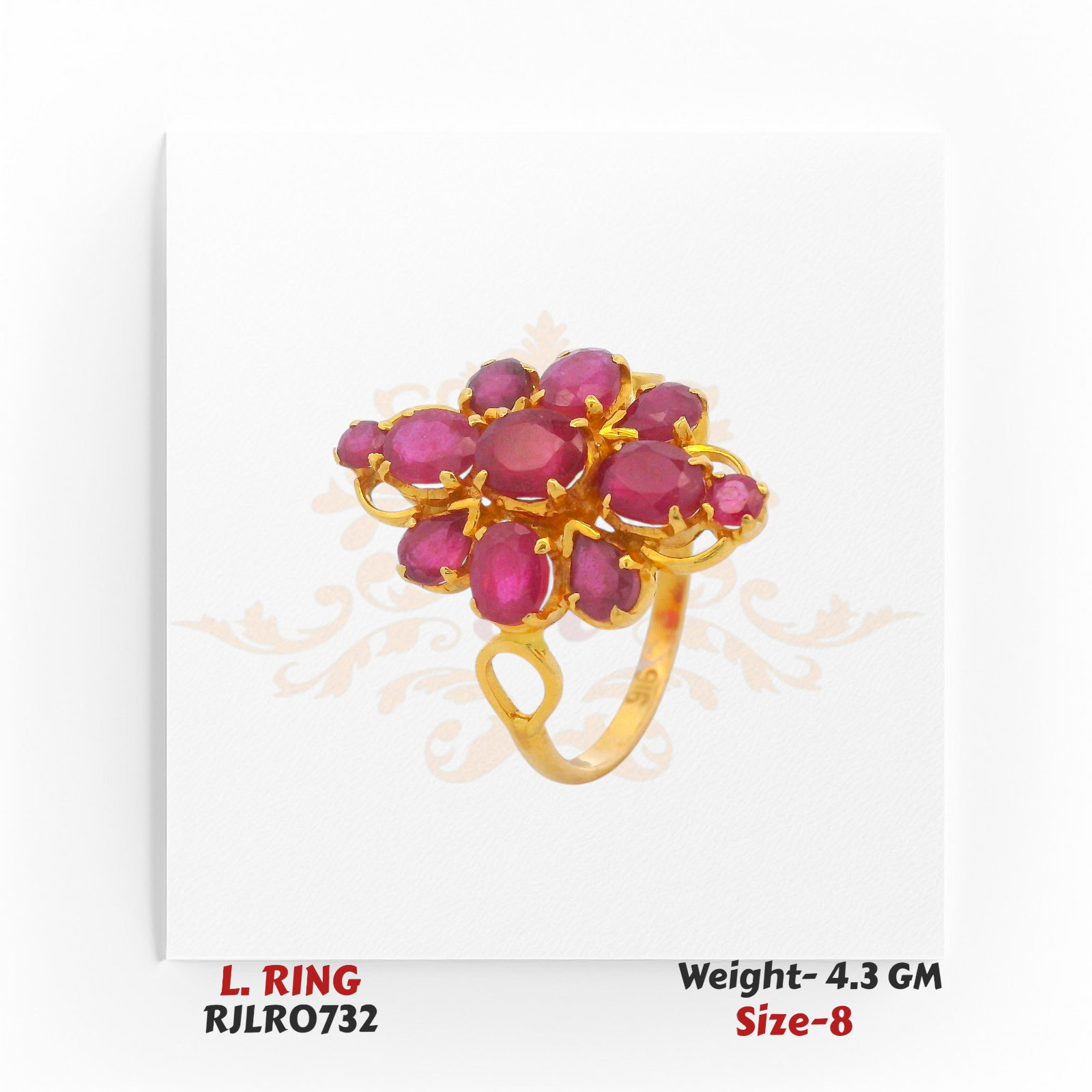 Charming ladies’ gold ring featuring an oversized floral cluster of vivid oval and round pink stones in a bold petal arrangement. Model RJLR0732, weighing 4.3 grams, size 8.