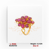 Charming ladies’ gold ring featuring an oversized floral cluster of vivid oval and round pink stones in a bold petal arrangement. Model RJLR0732, weighing 4.3 grams, size 8.