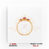 Side profile of a ladies’ gold ring featuring an elevated floral cluster design with vivid pink stones. Model RJLR0732, weight 4.3 grams, size 8.