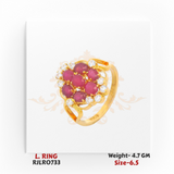 'Elegant ladies’ gold ring with a floral cluster design featuring vibrant round pink stones encircled by sparkling white stones. Model RJLR0733, weighing 4.7 grams, size 6.5.