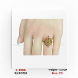 22k yellow gold ladies ring featuring a floral cluster of alternating green and red stones, displayed on a hand. Model RJLR0738.