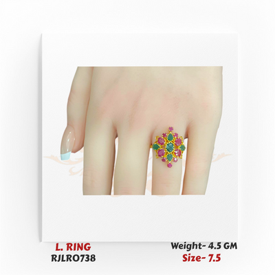 22k yellow gold ladies ring featuring a floral cluster of alternating green and red stones, displayed on a hand. Model RJLR0738.