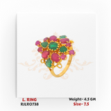 Elegant gold ladies ring featuring a clustered floral design with alternating oval green and pink stones set in prong settings, creating a vibrant and colorful centerpiece. Model RJLR0738.
