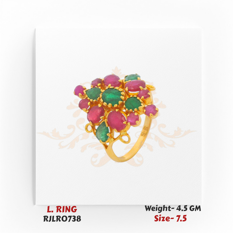 Elegant gold ladies ring featuring a clustered floral design with alternating oval green and pink stones set in prong settings, creating a vibrant and colorful centerpiece. Model RJLR0738.