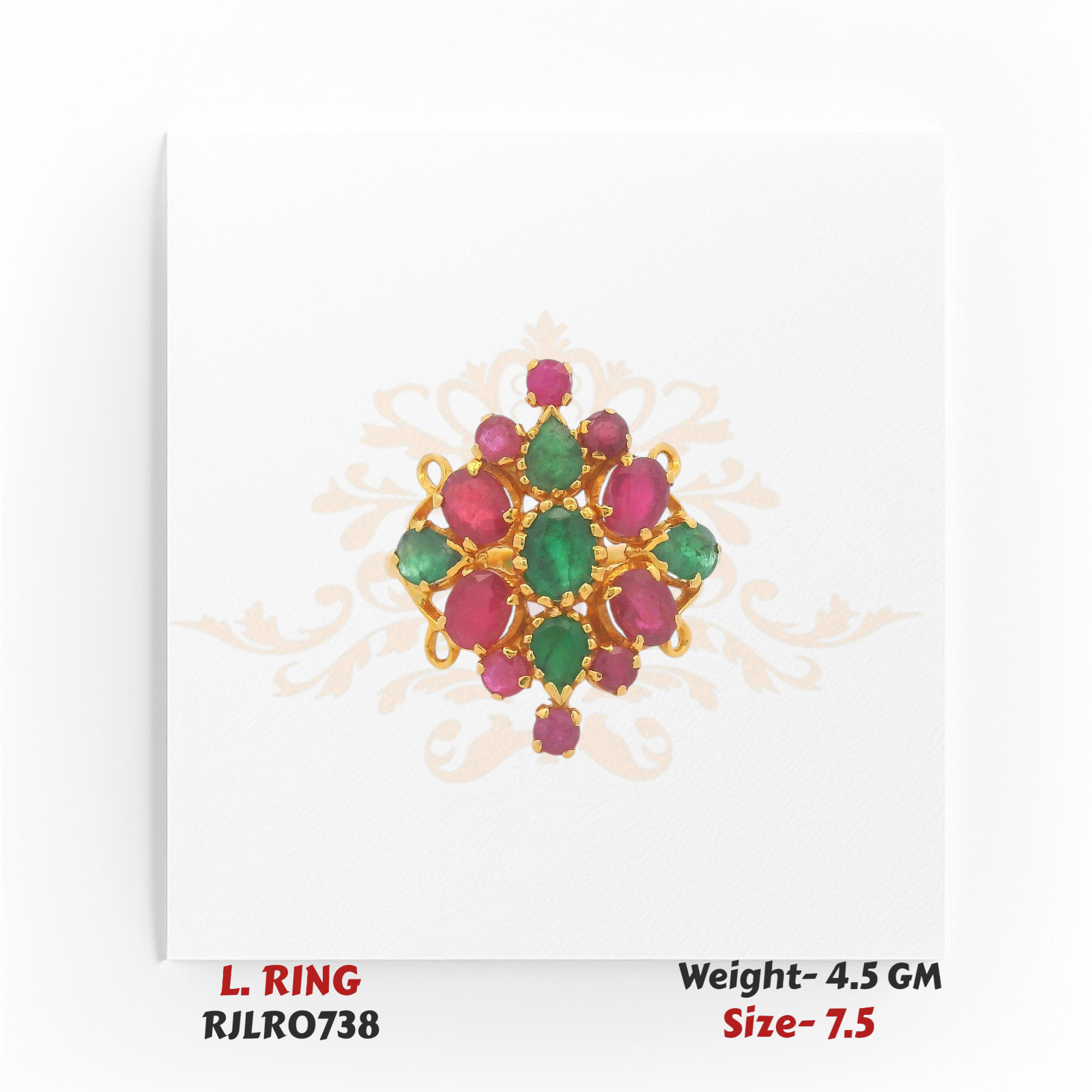 Bold ladies’ gold ring with a floral cluster design featuring alternating red and green stones in an ornate arrangement. Model RJLR0738, weight 4.5 grams, size 7.5