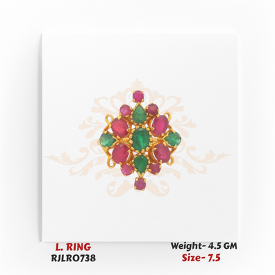 Bold ladies’ gold ring with a floral cluster design featuring alternating red and green stones in an ornate arrangement. Model RJLR0738, weight 4.5 grams, size 7.5