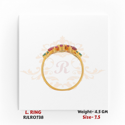 Side profile of a ladies’ gold ring showcasing the raised cluster setting of red and green stones. Model RJLR0738, weight 4.5 grams, size 7.5.