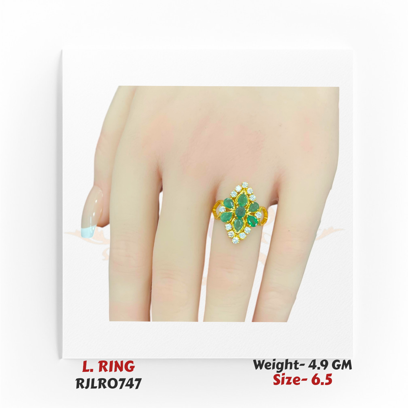 22k yellow gold ladies ring designed with a floral cluster of green stones accented by white gems, displayed on a hand. Model RJLR0747
