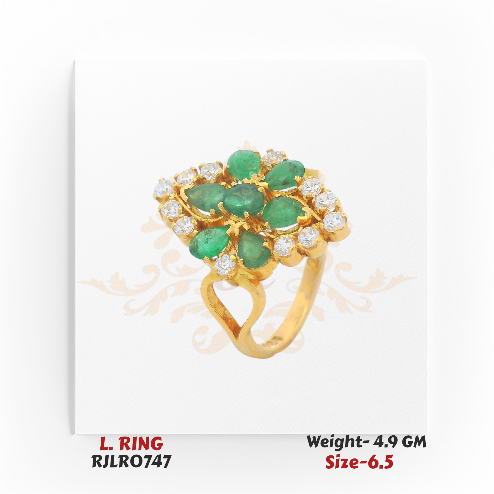 Gold ladies’ ring featuring a floral cluster of vivid green stones framed by white stones in a square arrangement. Model RJLR0747, weight 4.9 grams, size 6.5.