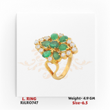 Gold ladies’ ring featuring a floral cluster of vivid green stones framed by white stones in a square arrangement. Model RJLR0747, weight 4.9 grams, size 6.5.