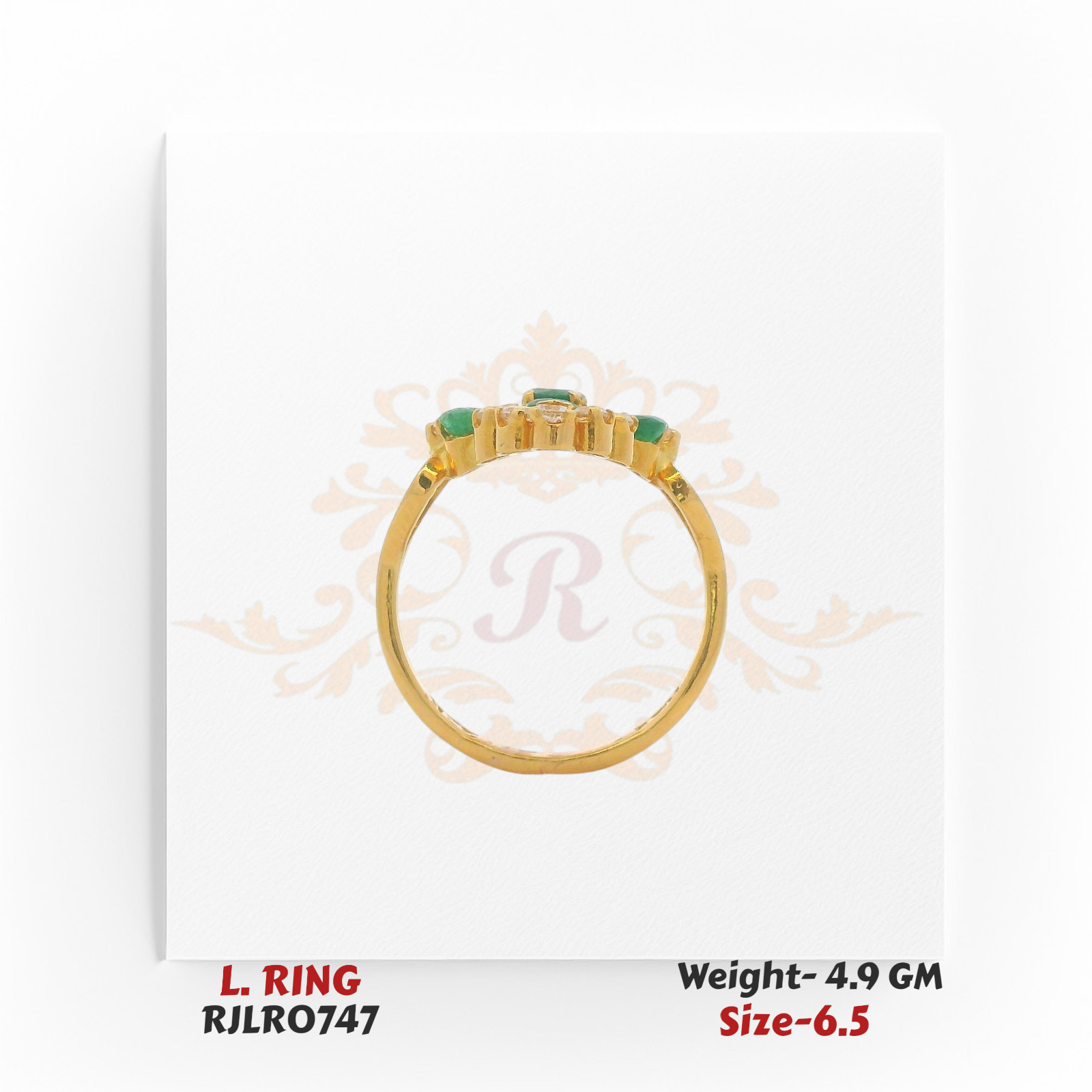 Side profile of a gold ladies’ ring highlighting the elevated setting of green and white stones in a floral cluster design. Model RJLR0747, weight 4.9 grams, size 6.5.